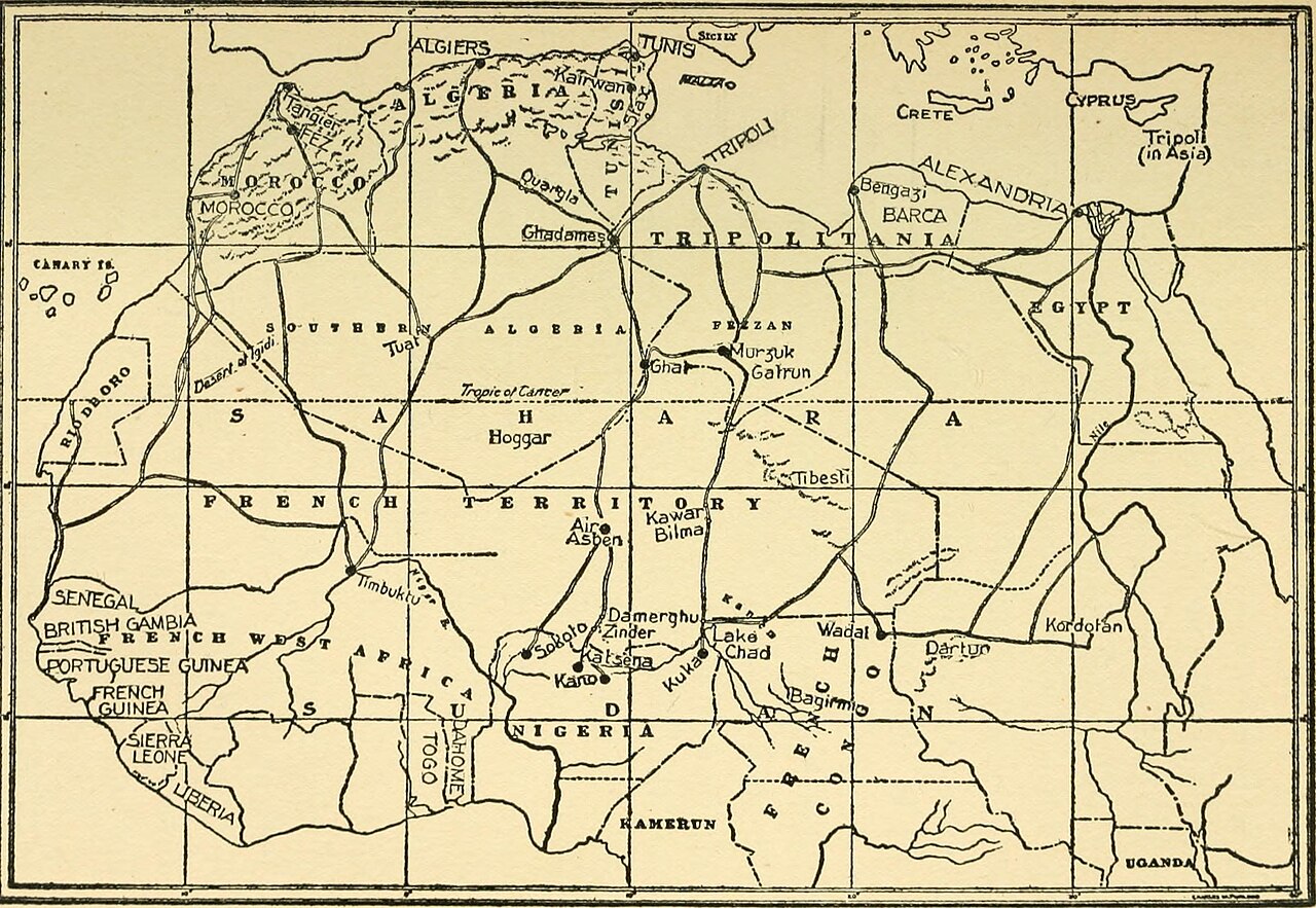 1909 map of the Sahara and surrounding territories showing North African and trans-Saharan trade geography