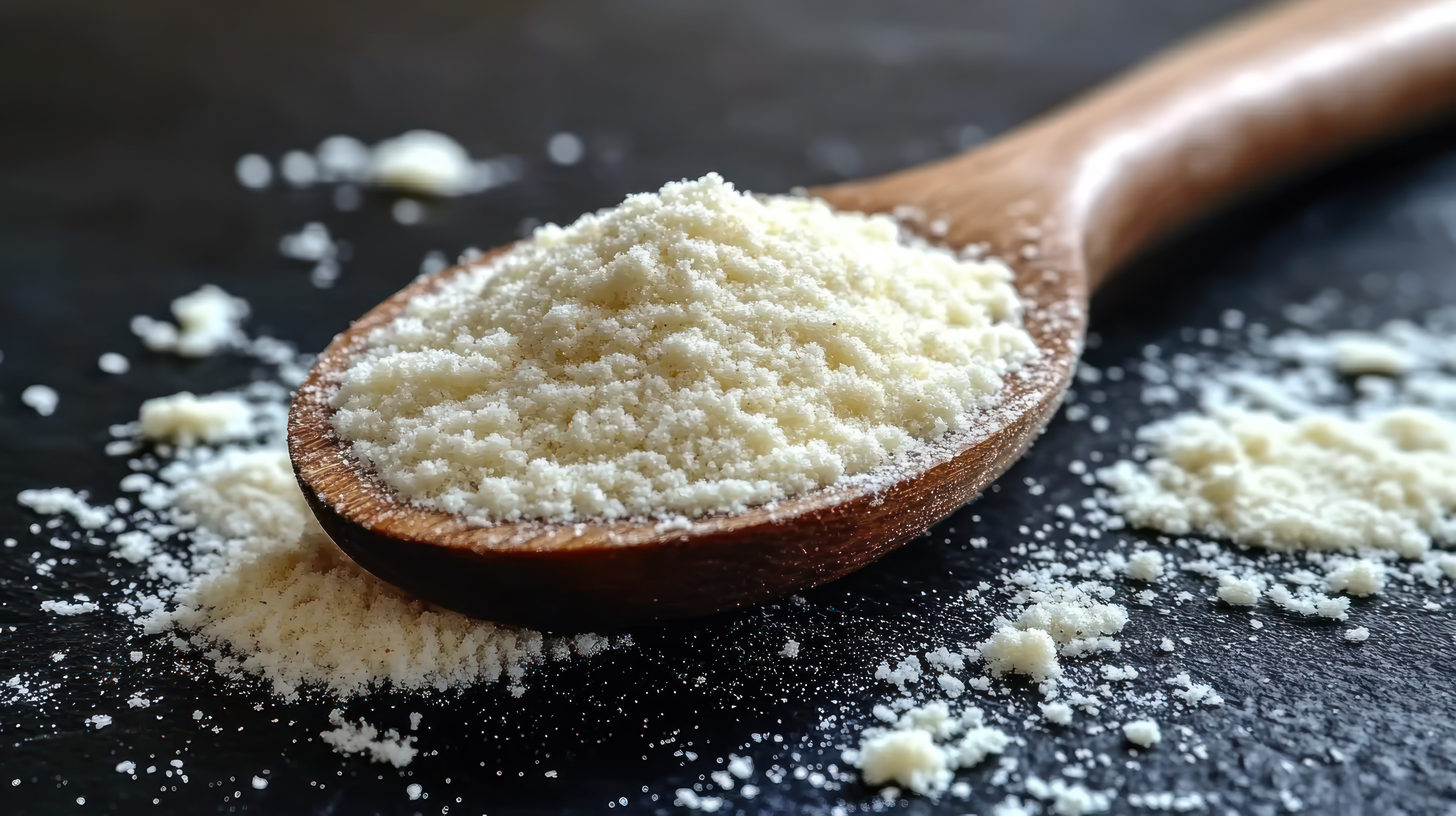 Cream-colored spray-dried oil powder on dark slate with wooden spoon